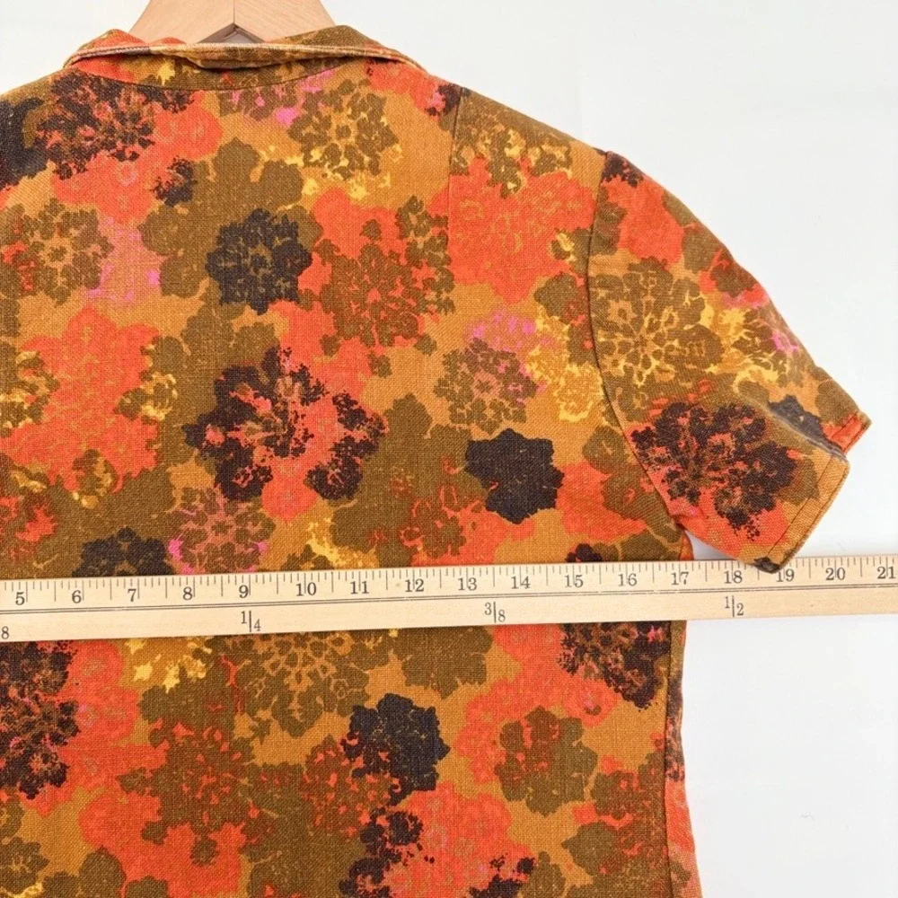 VTG Handmade 60s Floral Retro‎ Open Front Blouse Top Orange Brown Hippy Boho S